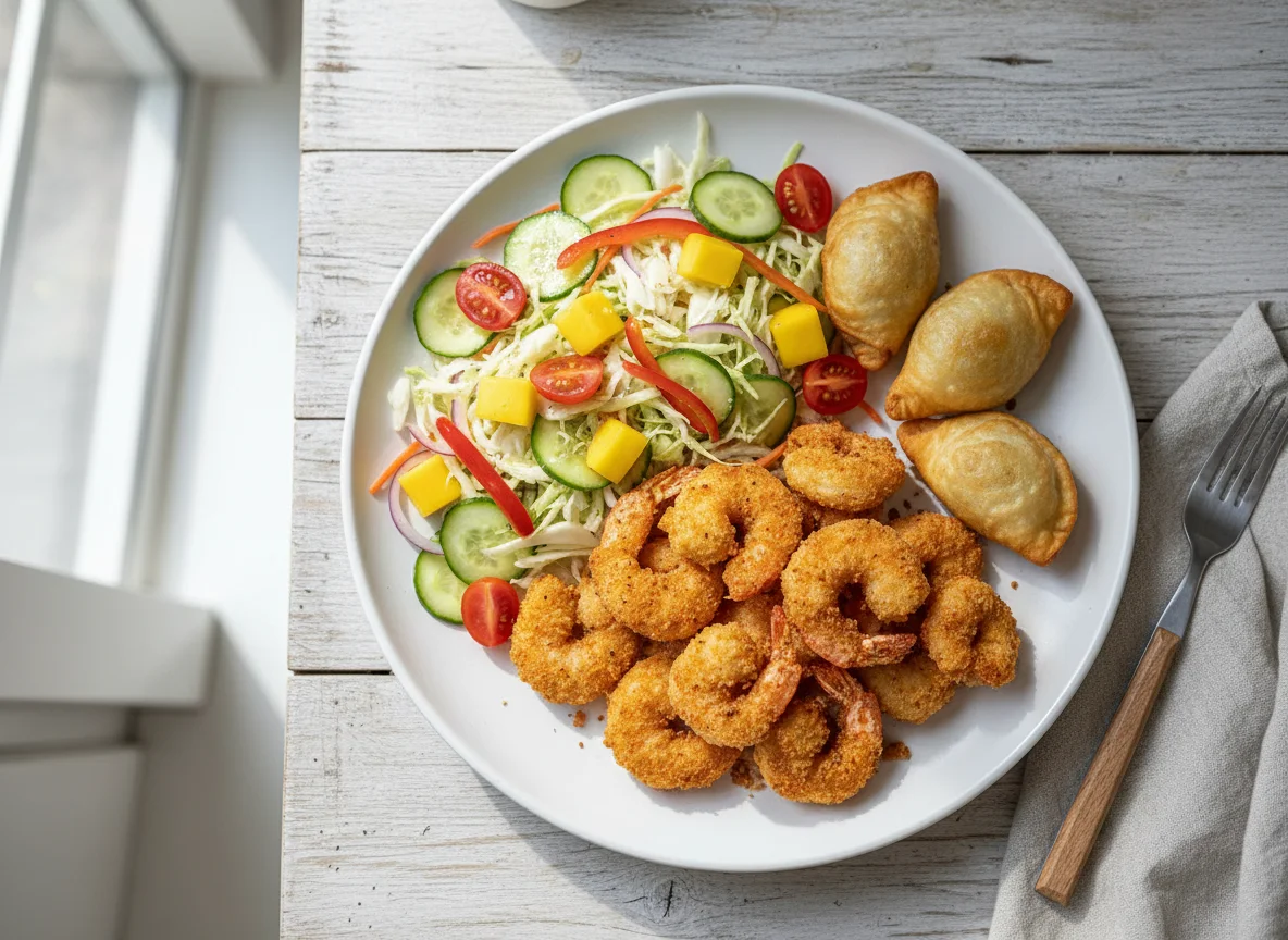 Frittierte Garnelen mit Salat und Teigtaschen photo