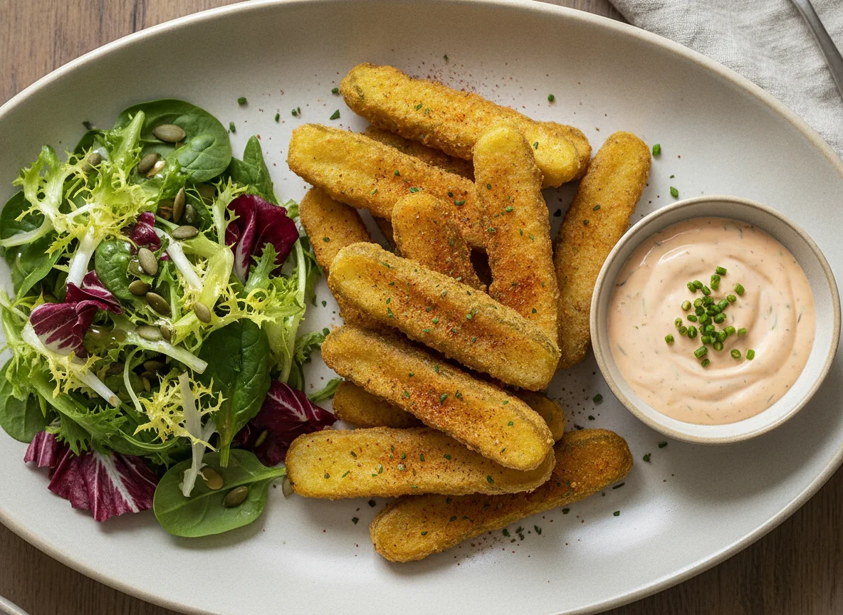 Frittierte Gewürzgurken mit Beilagensalat und Dip photo