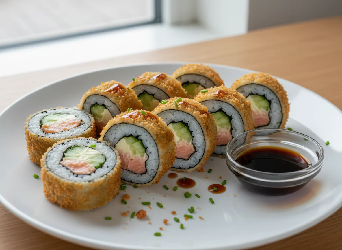 Frittierte Lachs-Gurken-Sushi-Rolle photo