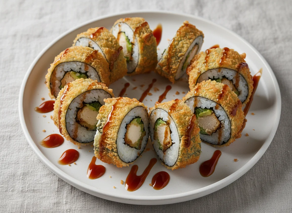 Frittierte Sushi-Rolle mit Huhn und Avocado photo