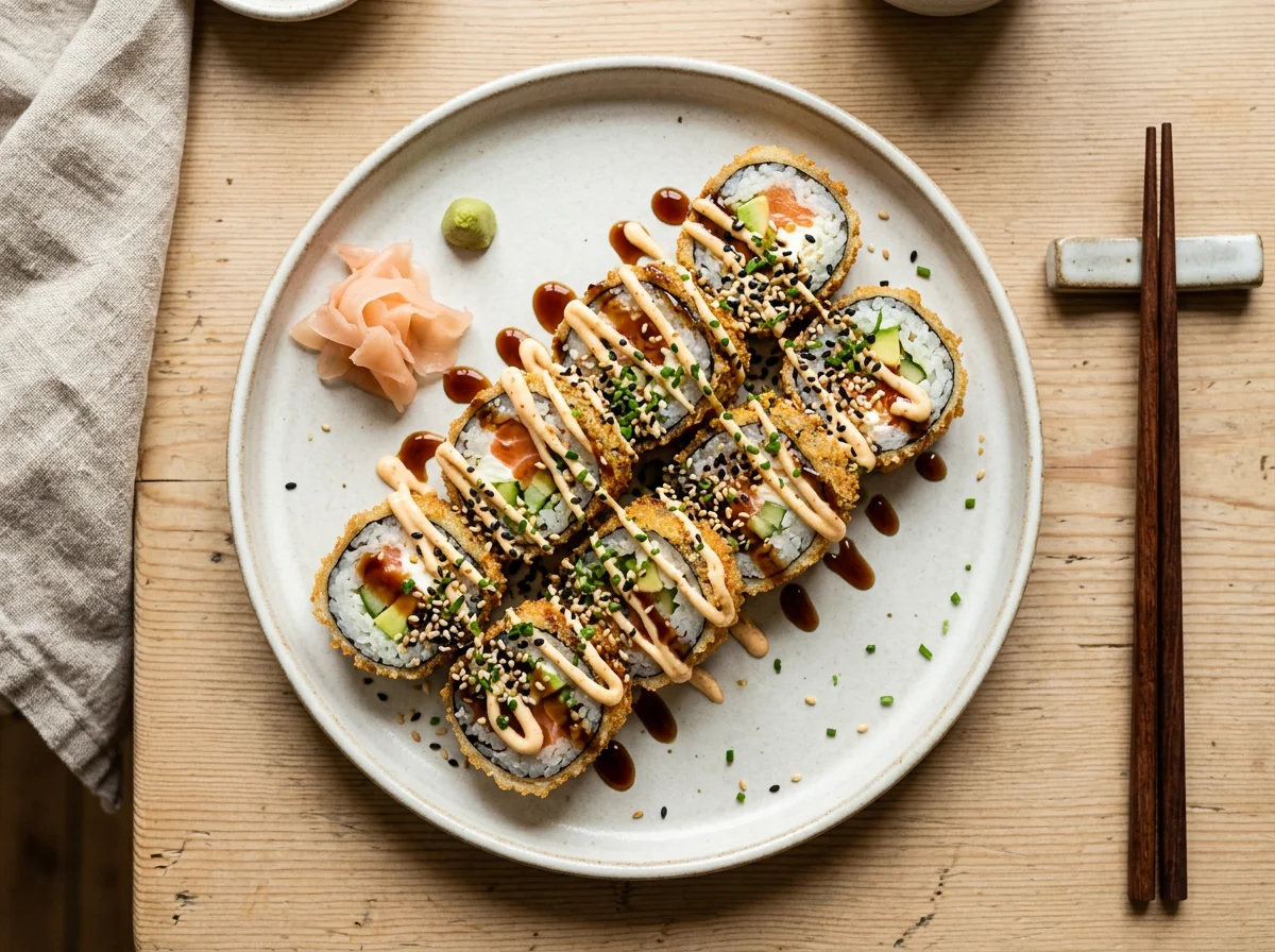 Frittierte Sushi-Rolle mit Saucen photo