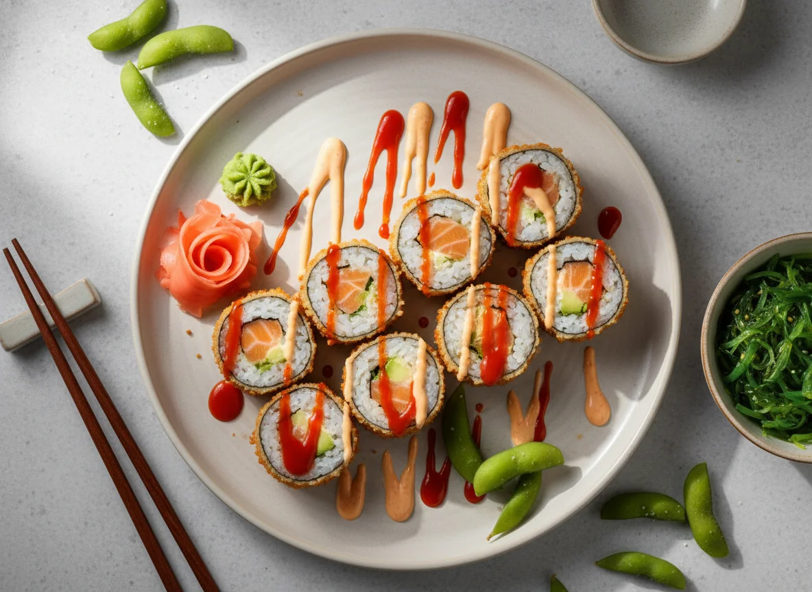 Frittierte Sushi-Rolle mit Saucen und Beilagen photo