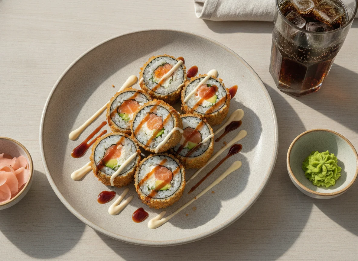 Frittierte Sushi-Rollen (Crunchy Rolls) mit Beilagen photo