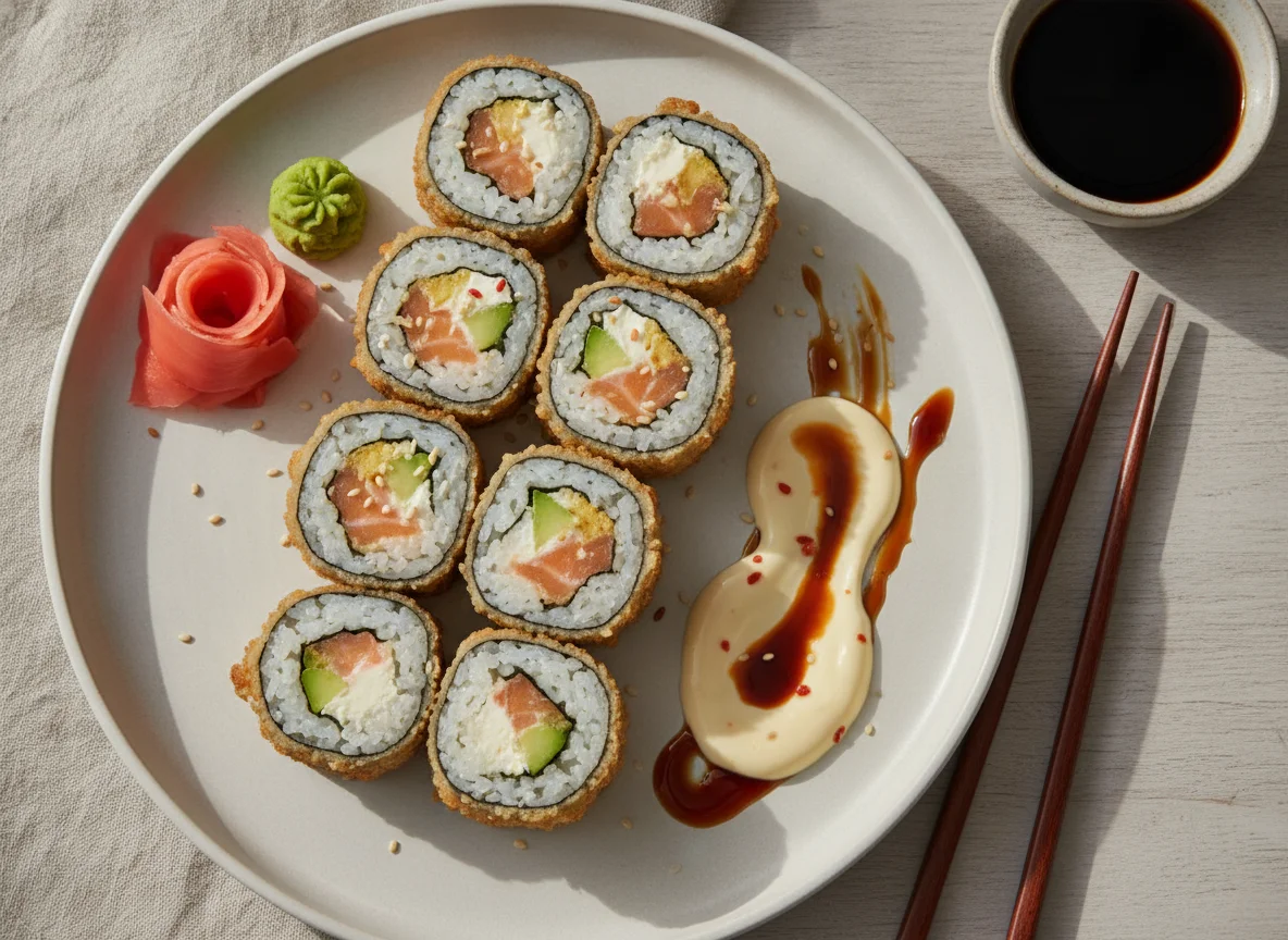 Frittierte Sushi-Rollen (Crunchy Rolls) mit Saucen photo