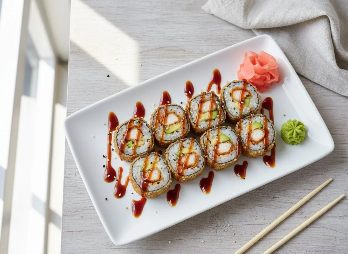 Frittierte Sushi-Rollen mit Huhn und Avocado photo