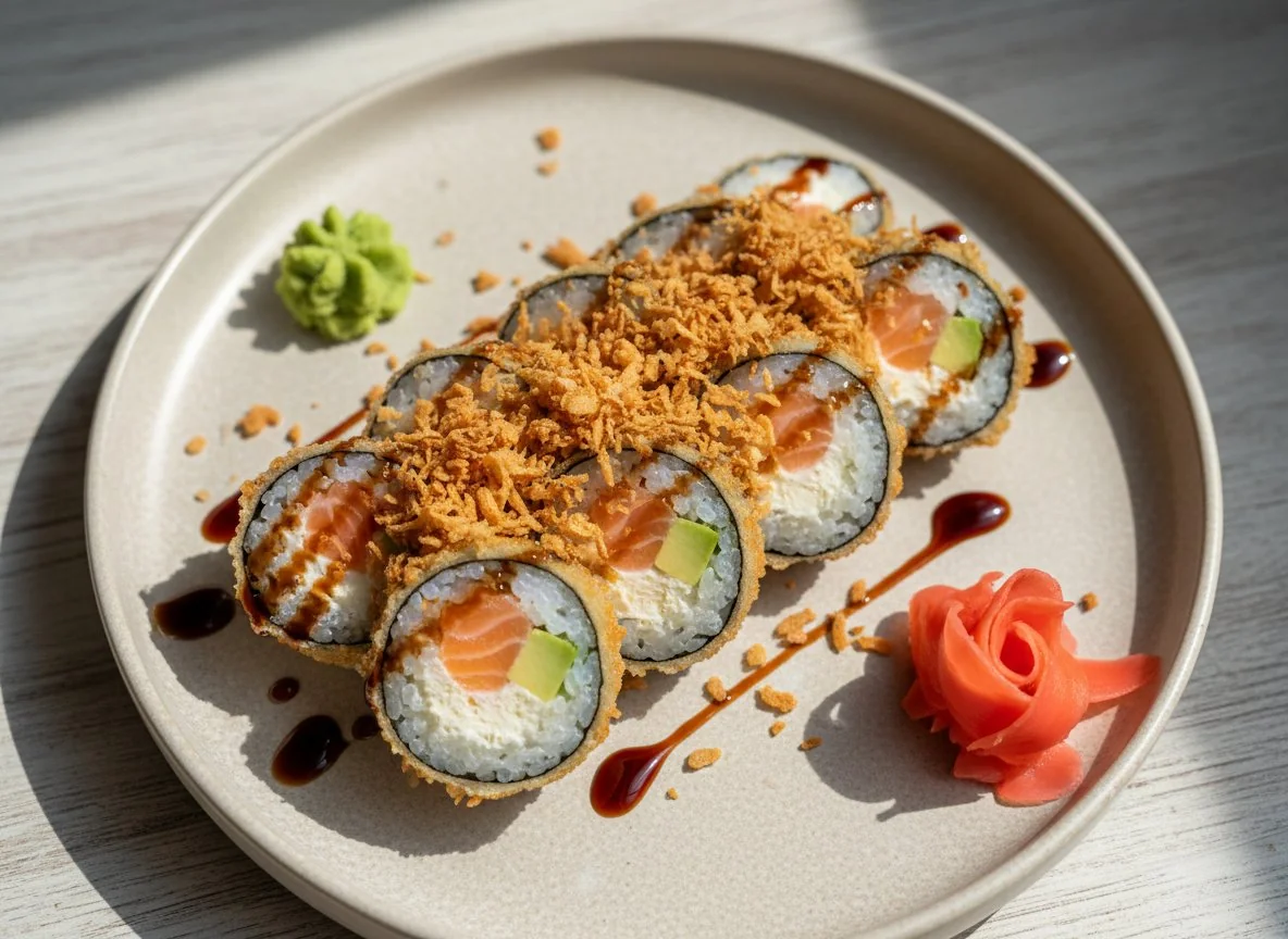 Frittierte Sushi-Rollen mit knusprigen Zwiebeln photo