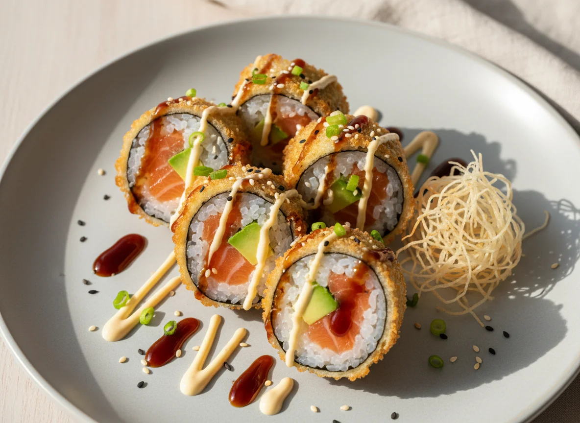 Frittierte Sushi-Rollen mit Lachs und Avocado photo