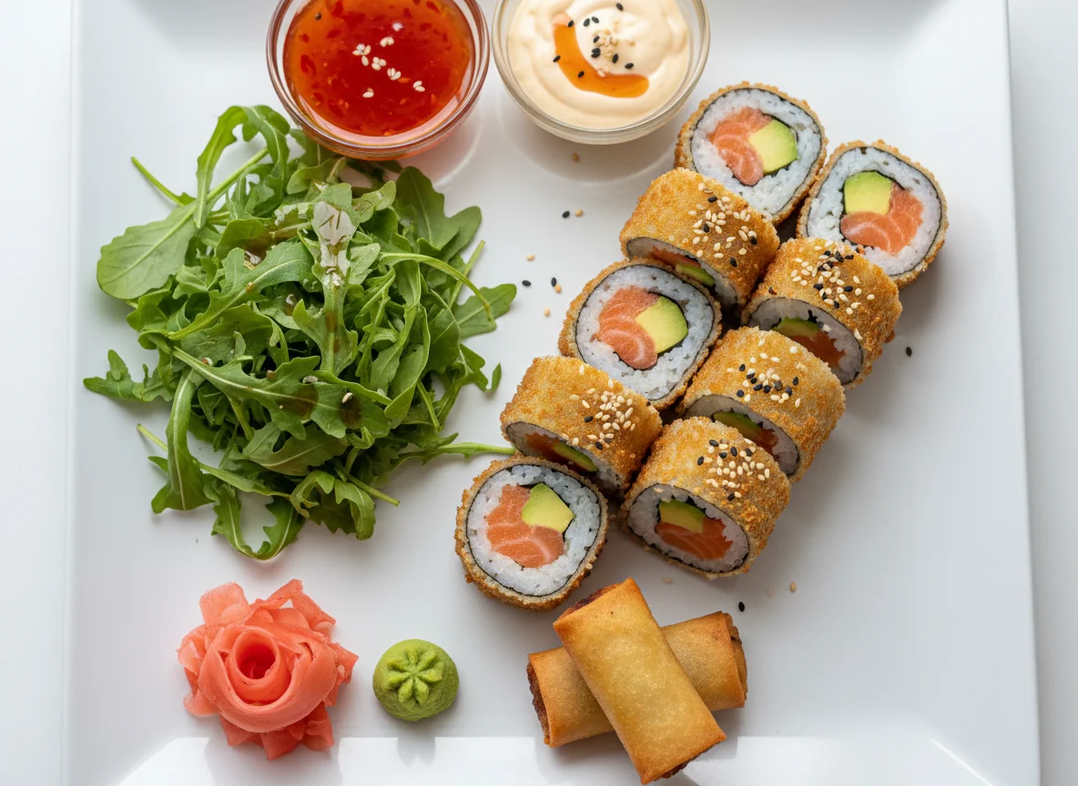 Frittierte Sushi-Rollen mit Salat und Beilagen photo