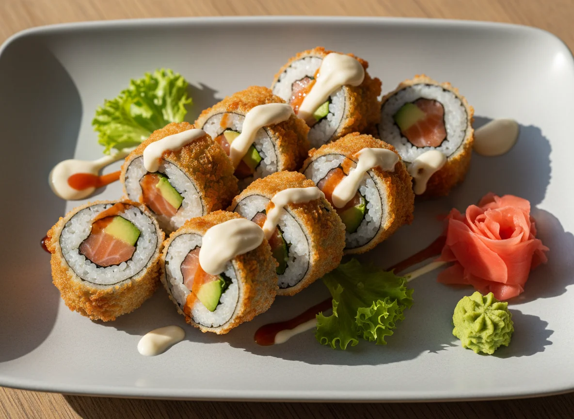 Frittierte Sushi-Rollen mit Sauce photo