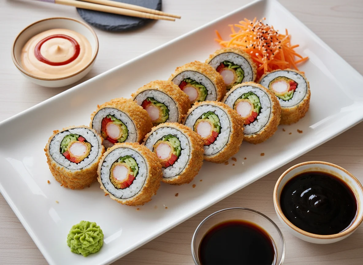 Frittierte Sushi-Rollen mit Saucen und Beilagen photo