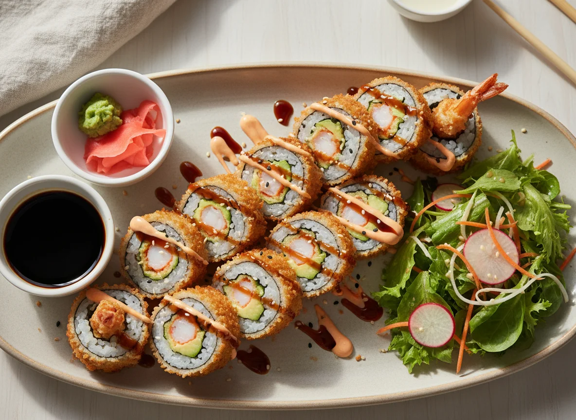 Frittierte Sushi-Rollen mit Saucen und Beilagensalat photo