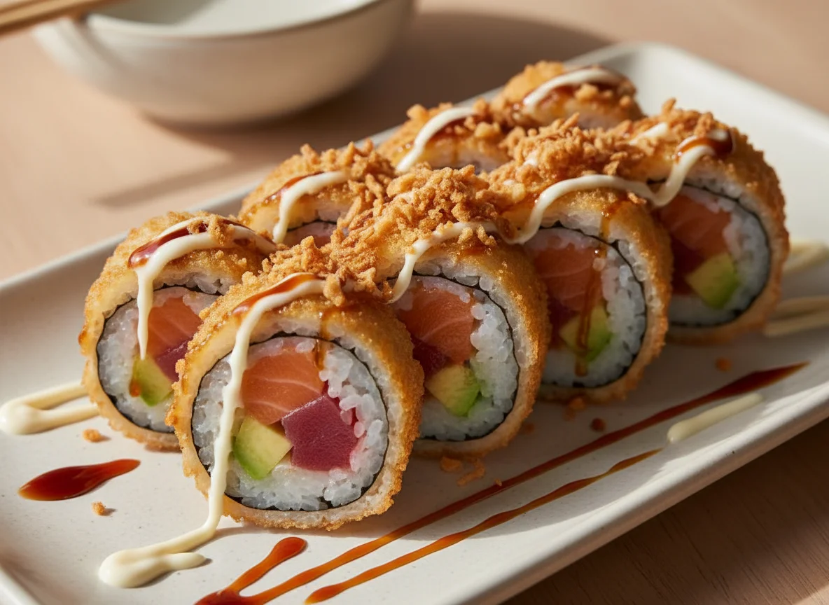 Frittierte Sushi-Rollen mit Saucen und Röstzwiebeln photo