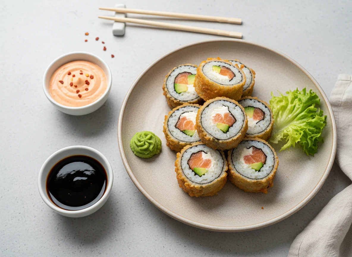 Frittierte Sushi-Rollen mit Saucen photo