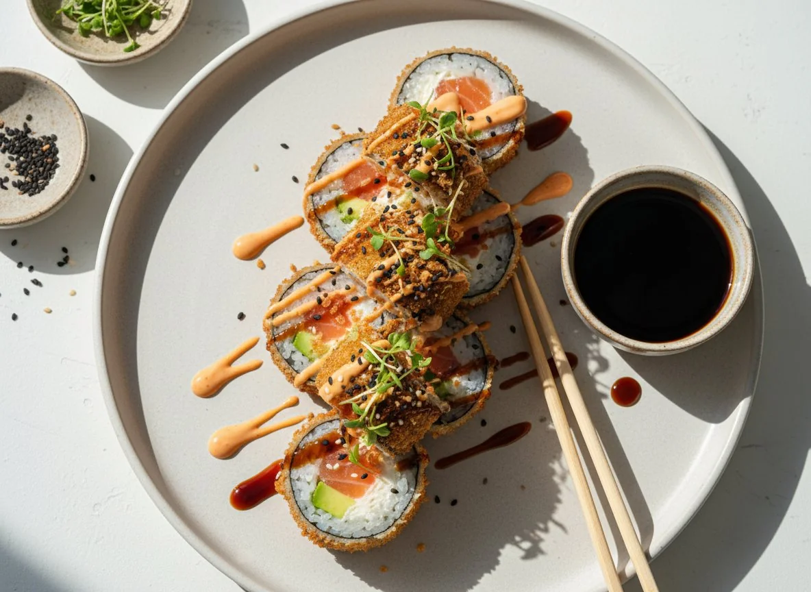 Frittierte Sushi-Rollen mit Sojasauce photo