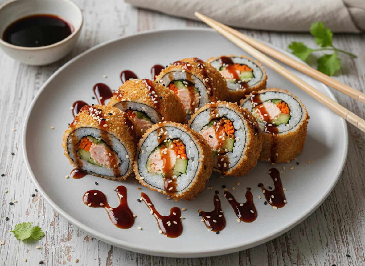 Frittierte Sushi-Rollen mit Teriyaki-Sauce photo
