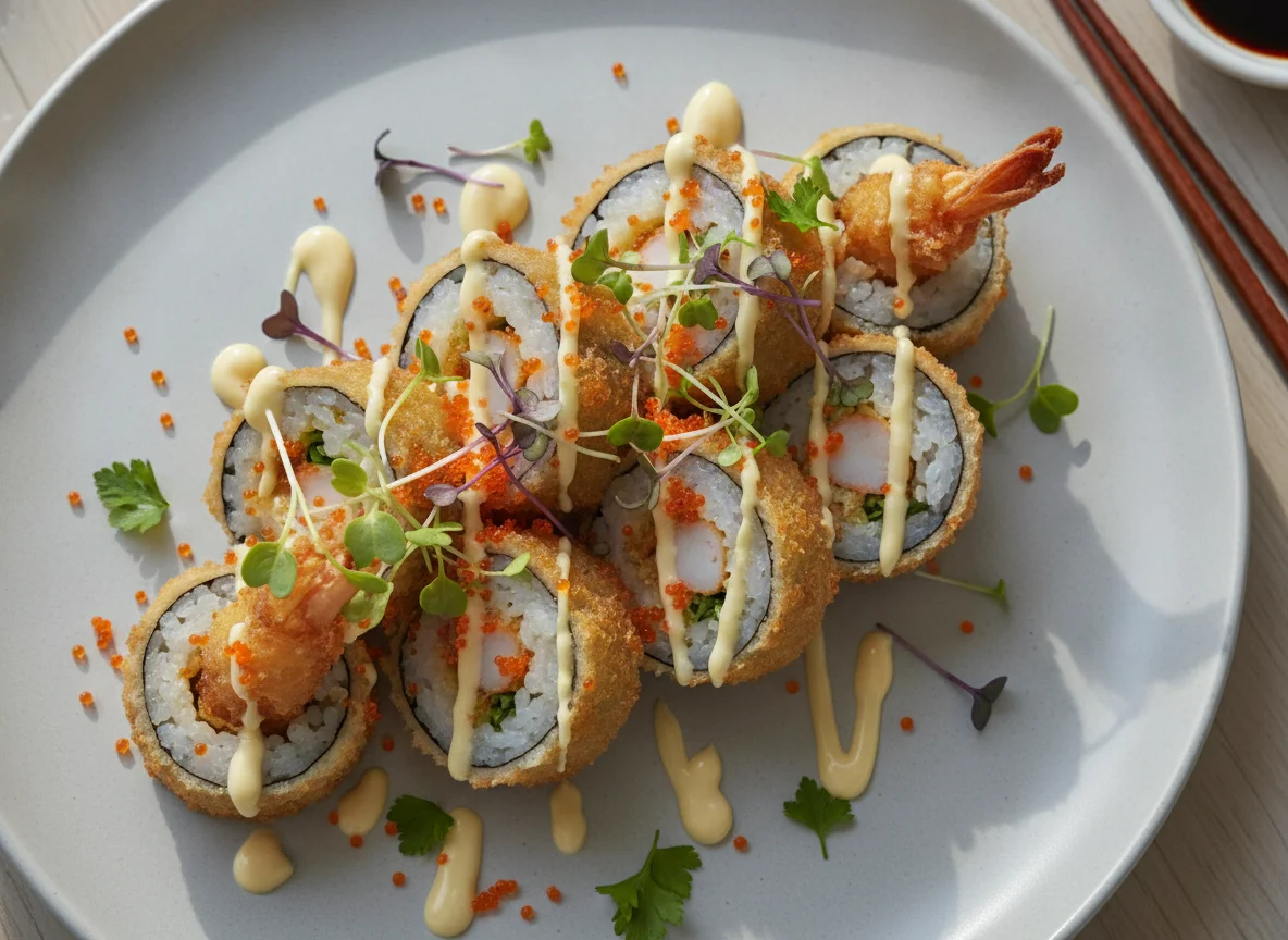 Frittierte Sushi-Rollen mit Toppings photo