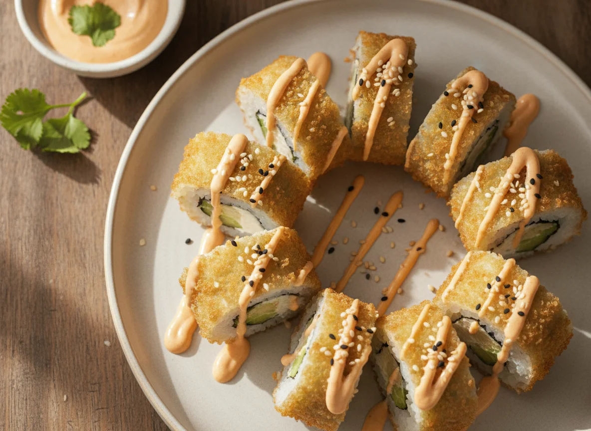Frittierte Sushi-Rollen mit würziger Mayonnaise photo