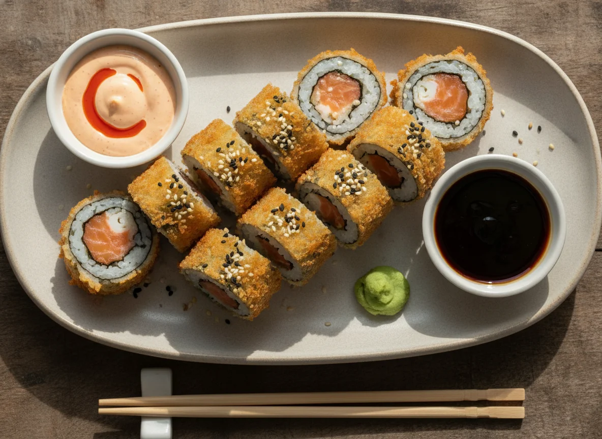 Frittierte Sushi-Rollen (Tempura Maki) mit Saucen photo
