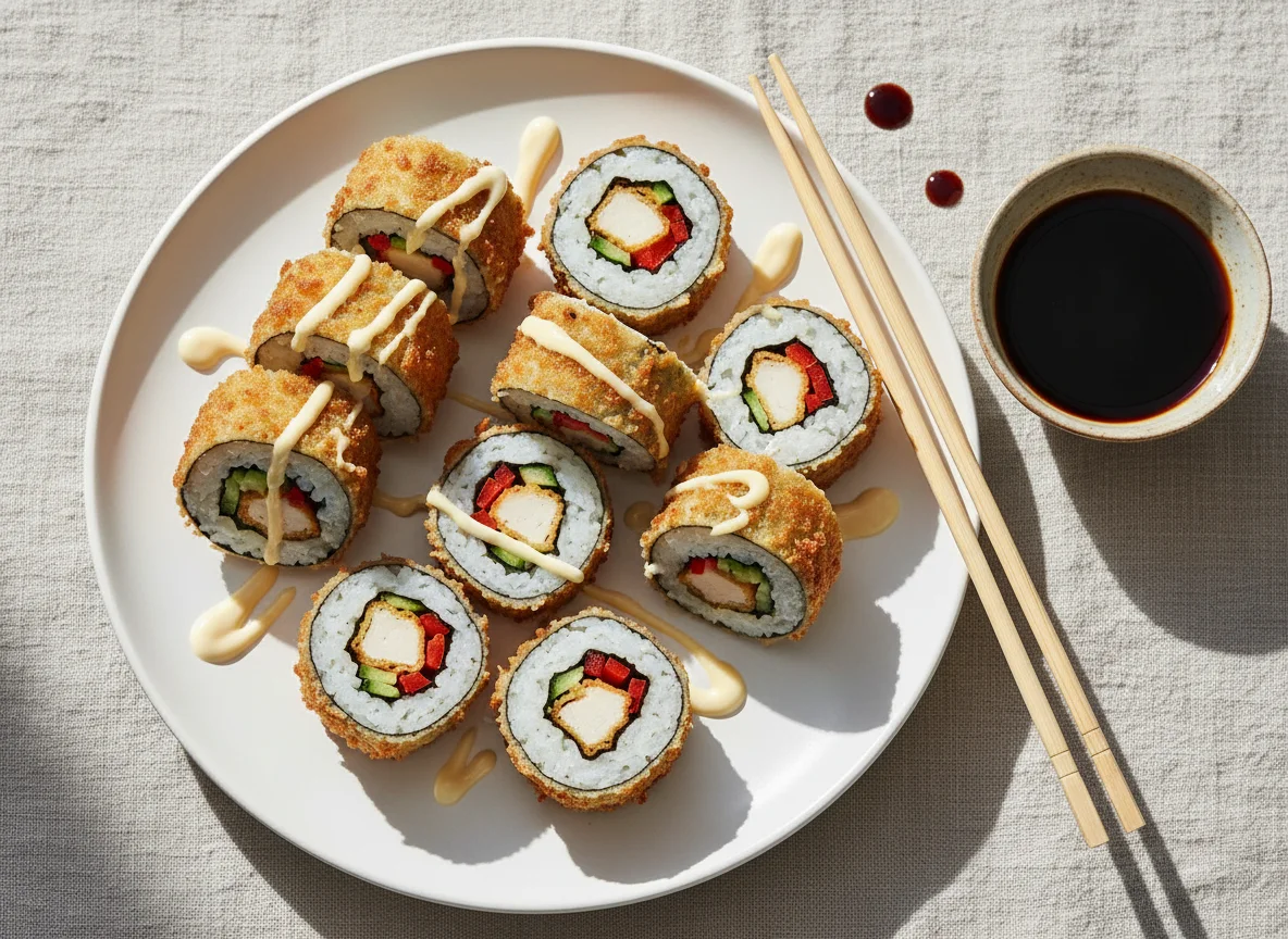 Frittierte Sushi-Rollen und Maki photo