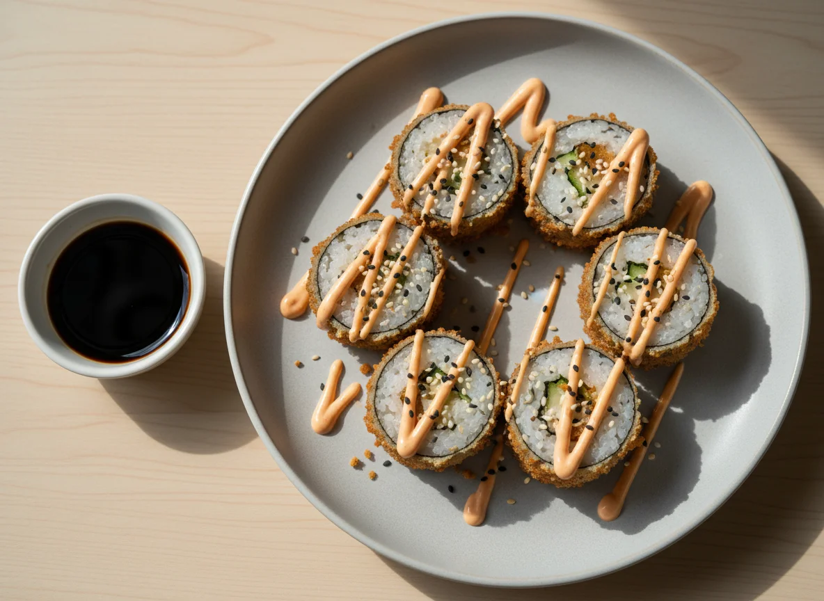 Frittierter Sushi-Roll mit scharfer Sauce photo