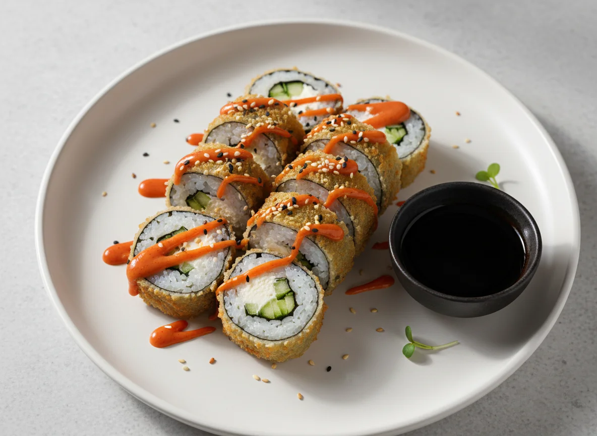 Frittierter Sushi-Roll mit scharfer Soße photo