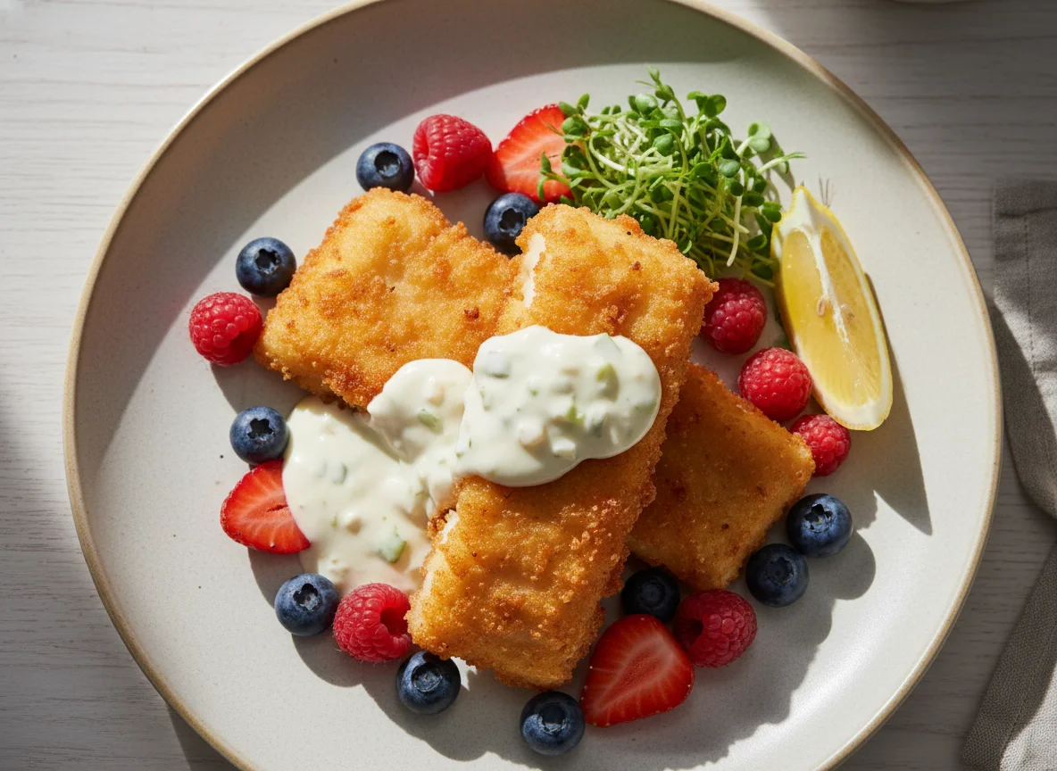 Frittiertes Gericht mit Beeren und Sprossen photo