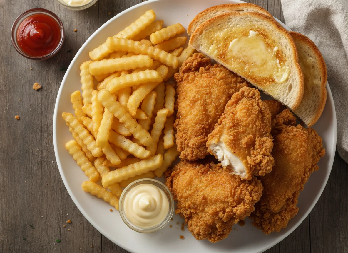 Frittiertes Hähnchen mit Pommes und Toast photo