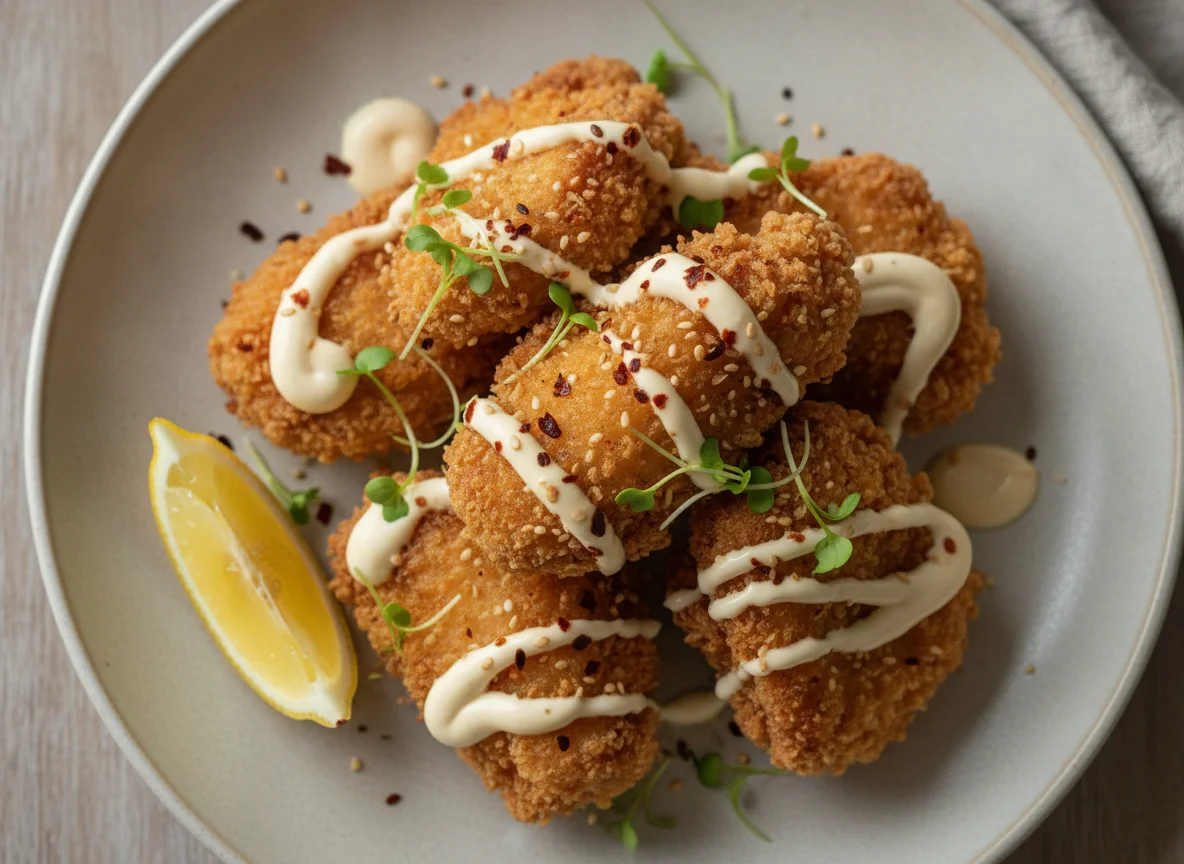 Frittiertes Hähnchen mit Sauce und Kräutern photo