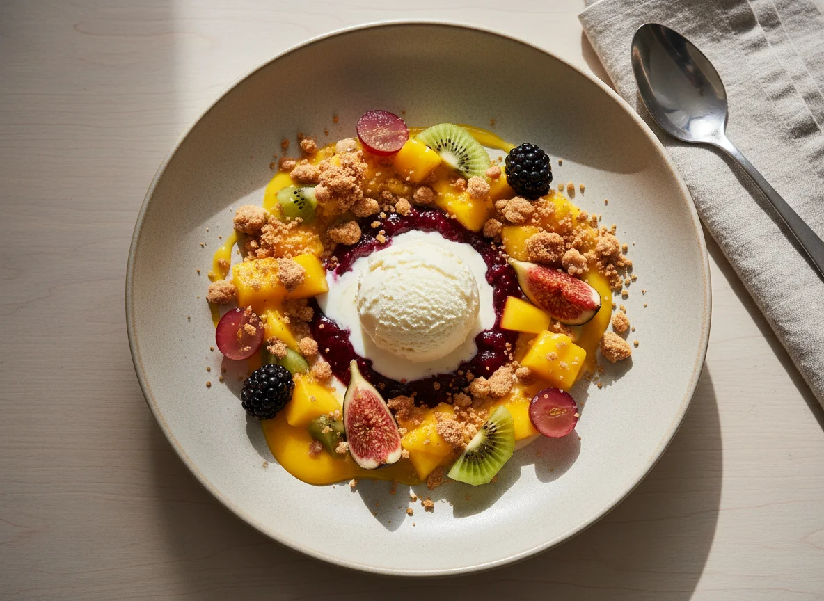 Frucht-Dessert mit Eis und Crumble photo