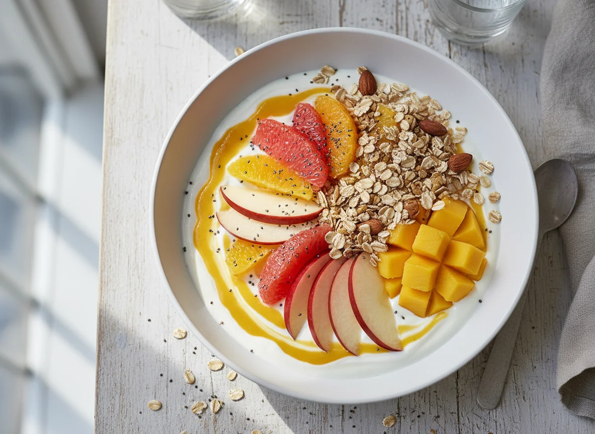 Früchte-Joghurt-Bowl mit Müsli und Mangosauce photo