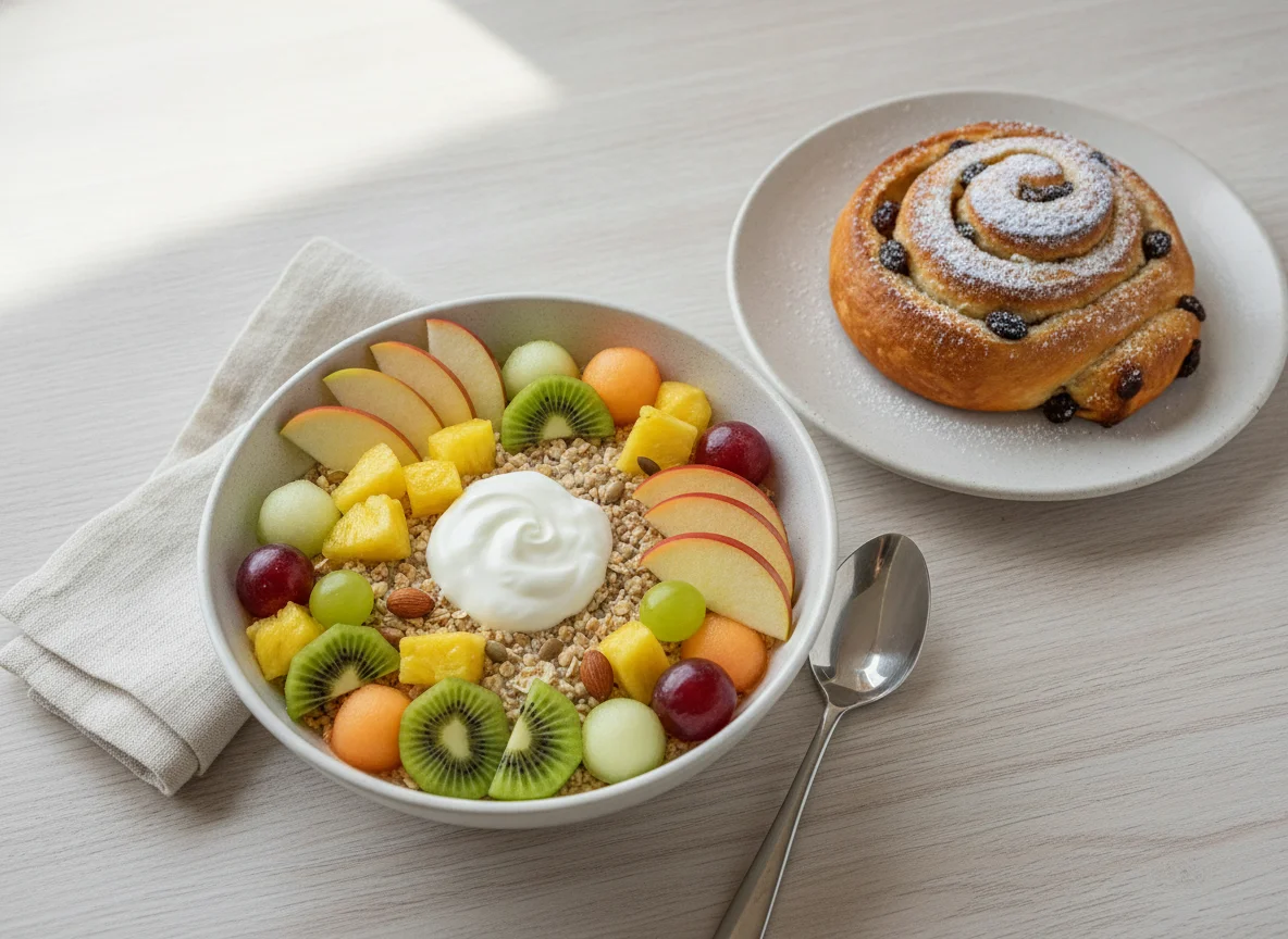 Früchte-Müsli und Rosinenschnecke photo
