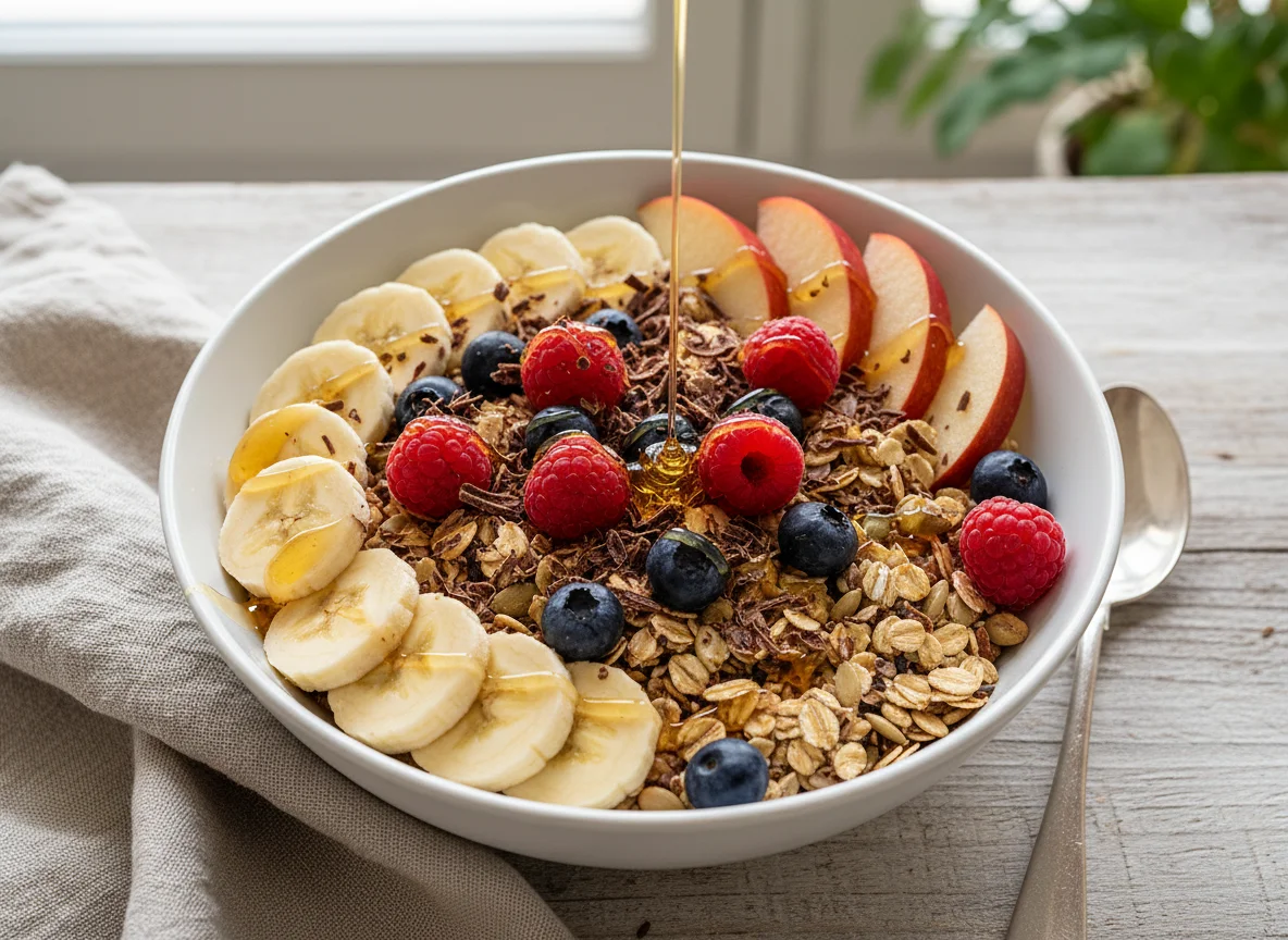 Früchte-Müsli-Schale mit Schokolade und Sirup photo