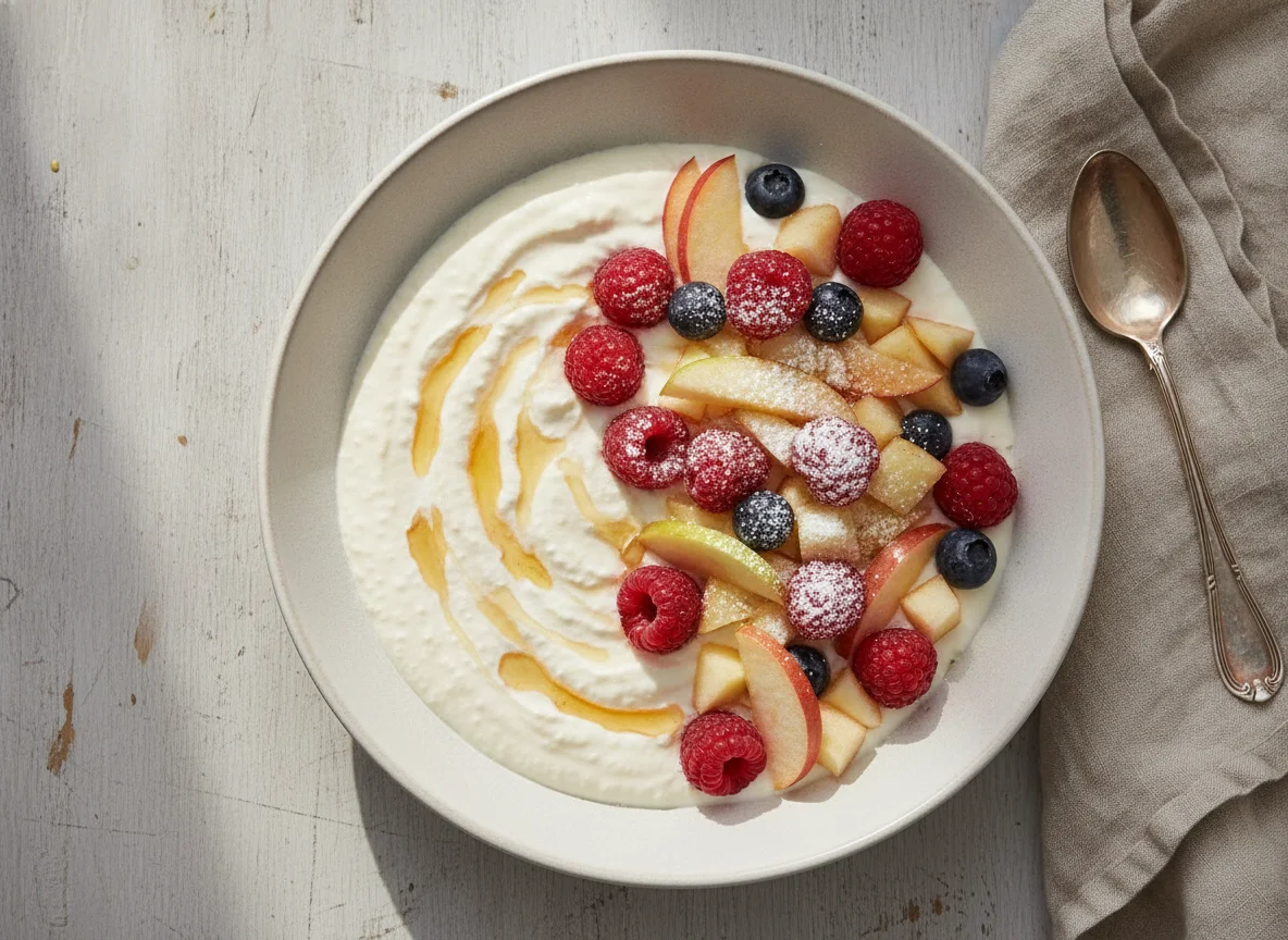 Früchtequark mit Beeren und Apfel photo