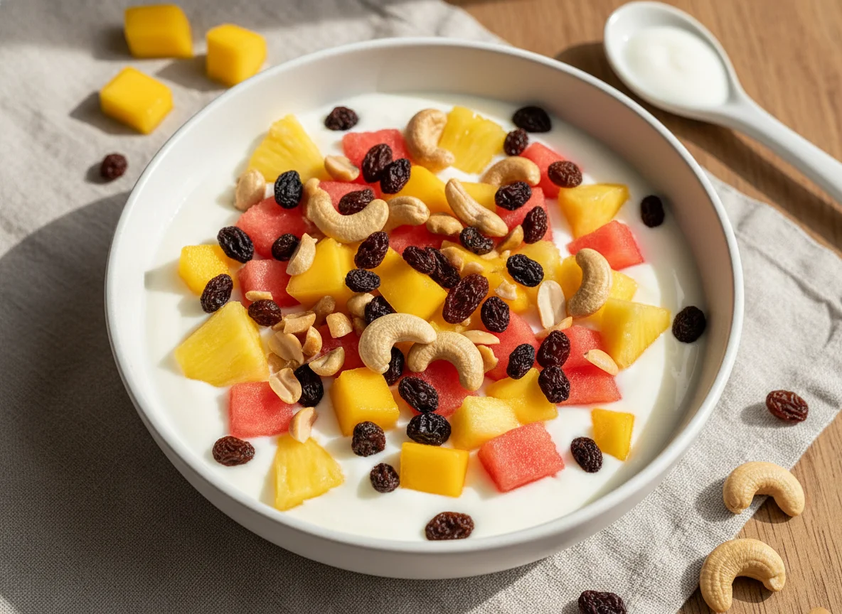 Fruchtjoghurt mit Nüssen und Rosinen photo