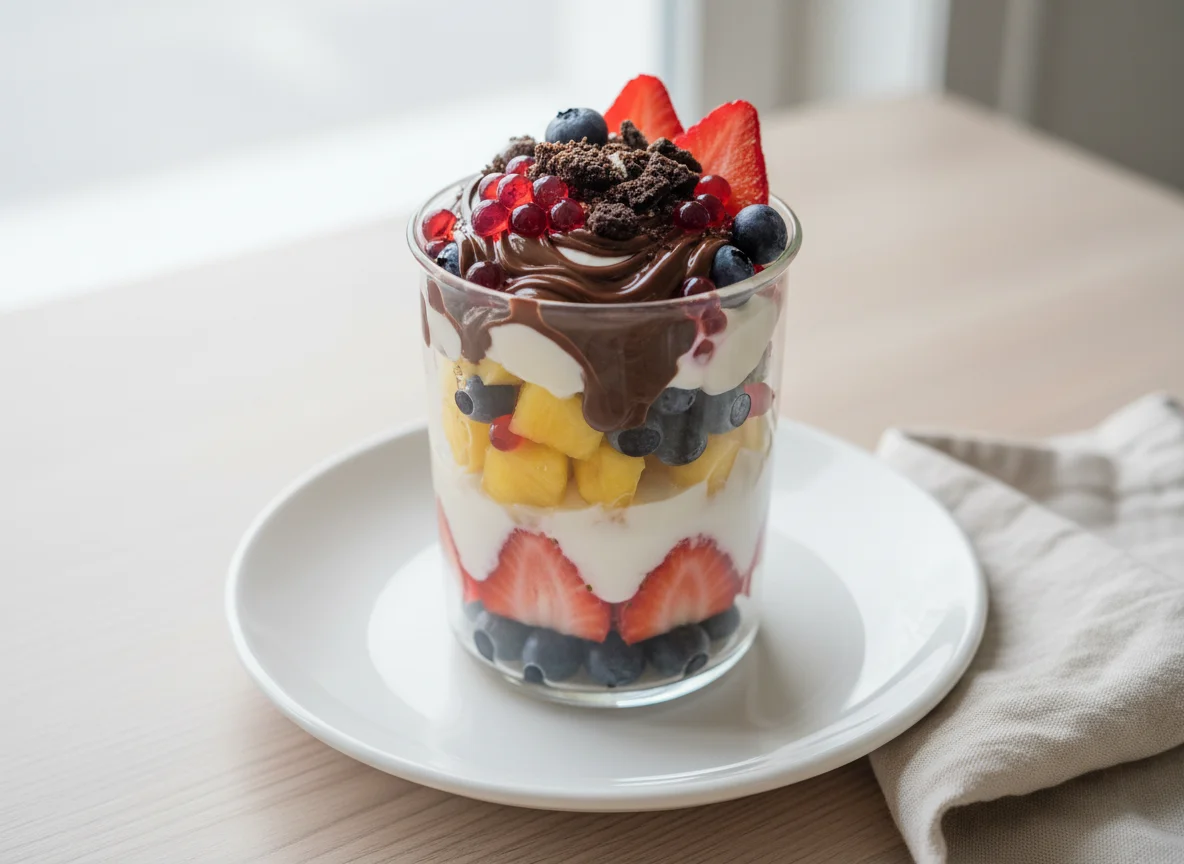 Frucht-Joghurt-Becher mit Schokoladensauce und Toppings photo