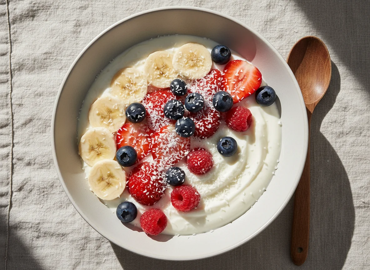Frucht-Joghurt-Schale mit Kokosraspeln photo