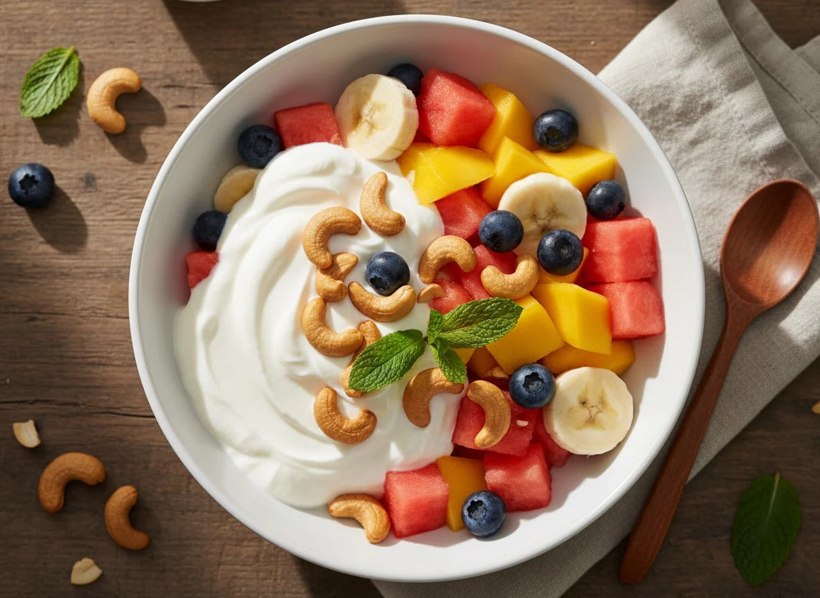 Fruchtsalat mit Cashewkernen und Joghurt photo