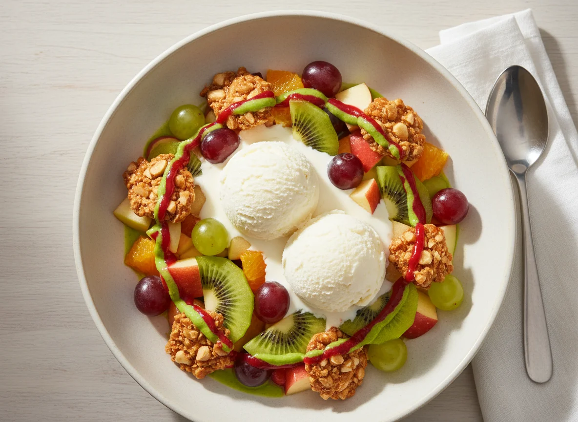 Fruchtsalat mit Eis und Krokant photo