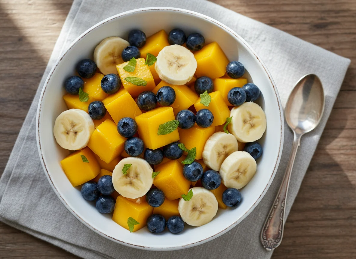 Fruchtsalat mit Heidelbeeren, Mango und Banane photo