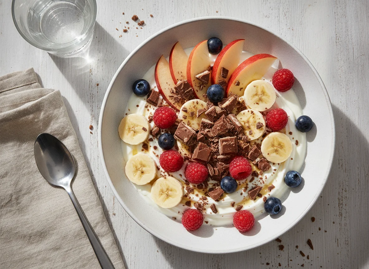 Fruchtsalat mit Joghurt und Schokoriegelstücken photo