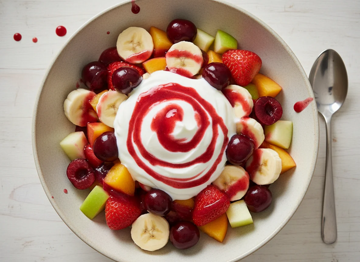 Fruchtsalat mit Joghurt und Soße photo