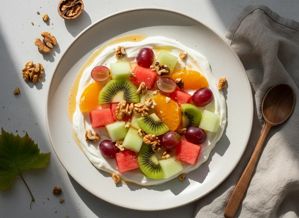 Fruchtsalat mit Joghurt und Walnüssen photo