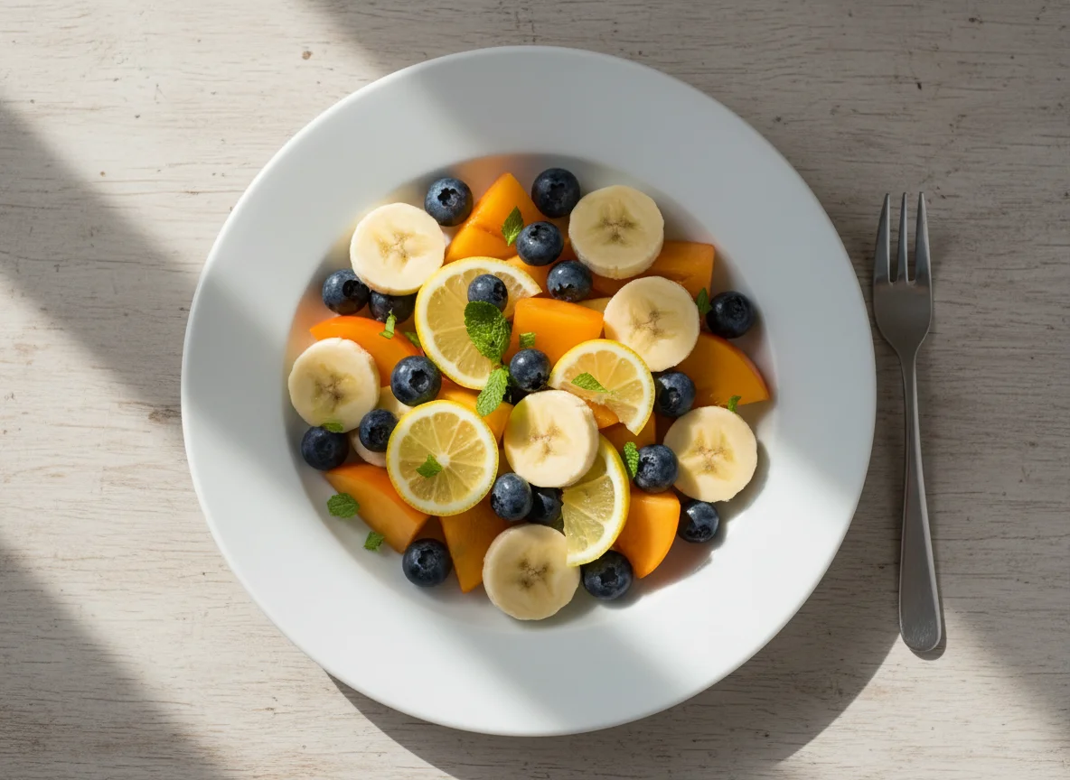 Fruchtsalat mit Kaki, Banane und Blaubeeren photo