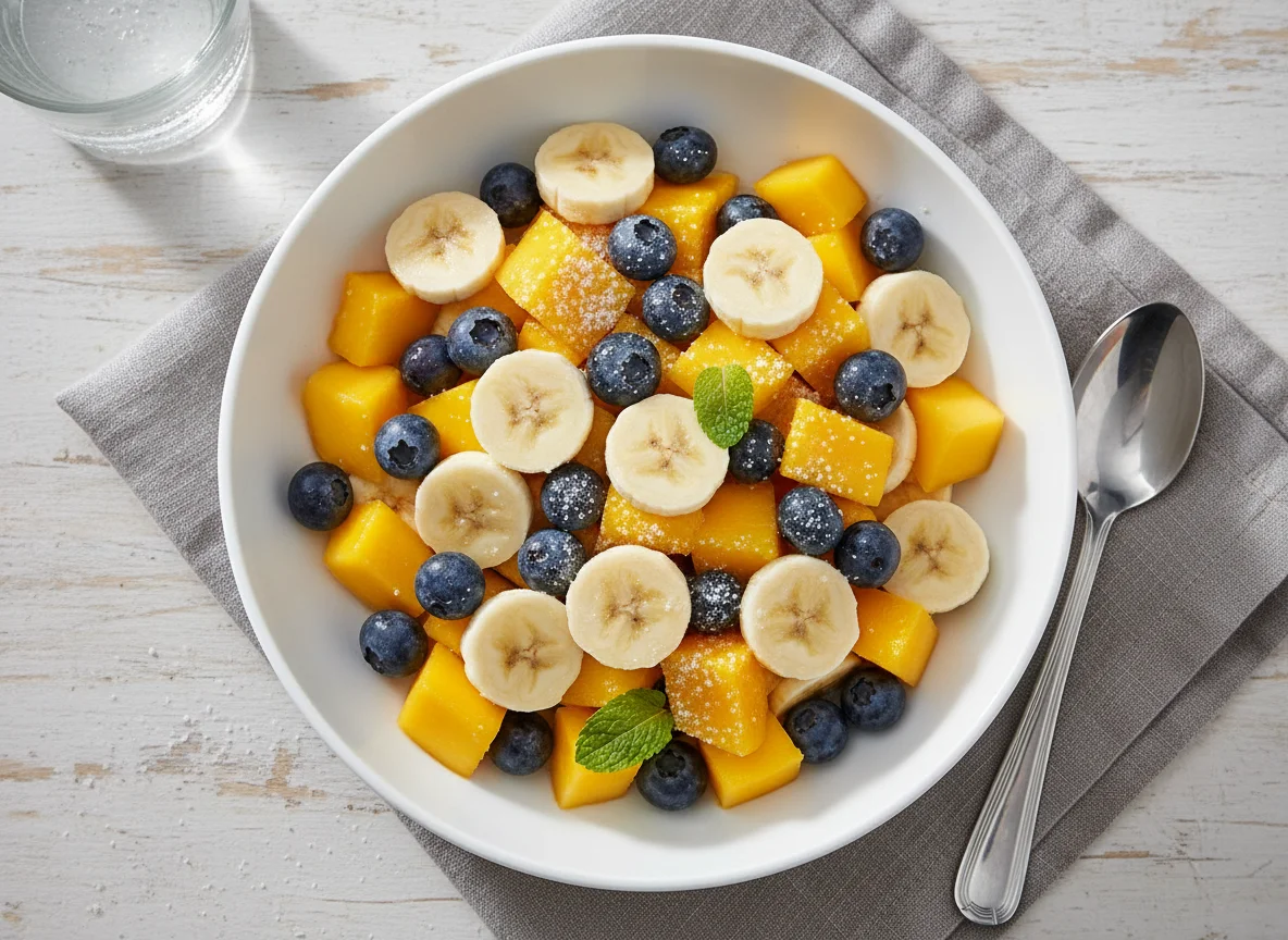 Fruchtsalat mit Mango, Heidelbeeren und Banane photo