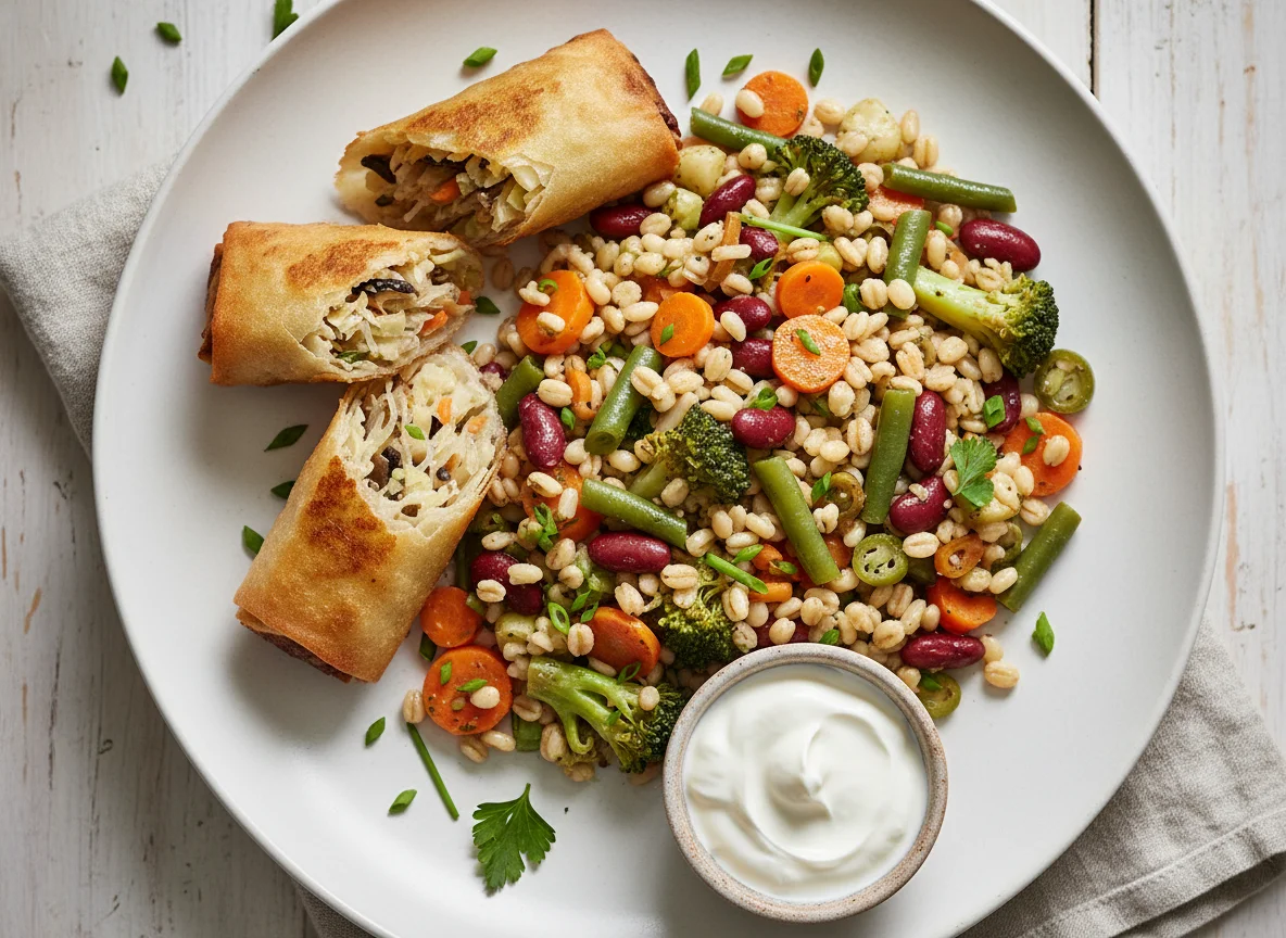 Frühlingsrolle mit Gemüsesalat und Sauerrahm photo