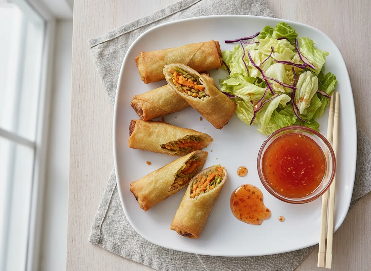 Frühlingsrollen mit süß-saurer Sauce und Beilagensalat photo