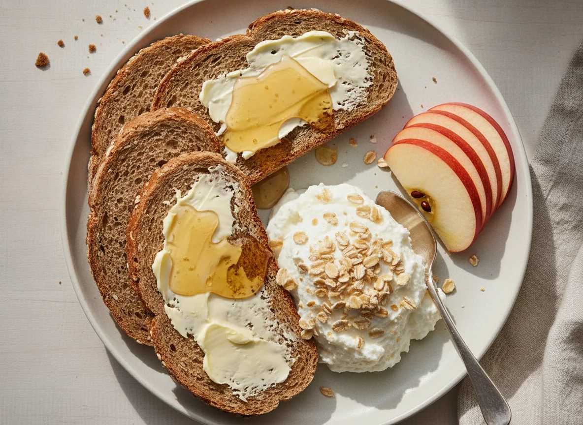 Frühstück mit Apfel, Brot und Topfen photo