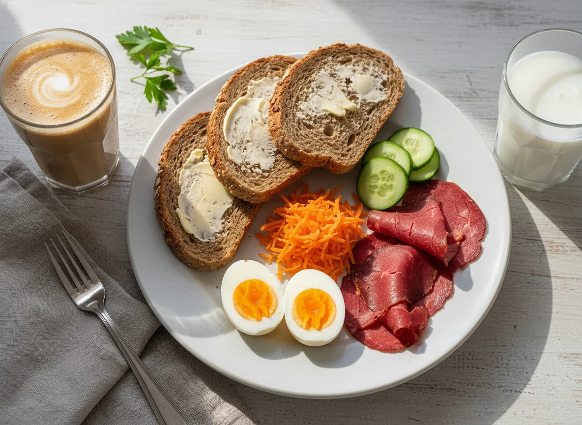 Frühstück mit Aufschnitt und Proteinshake photo