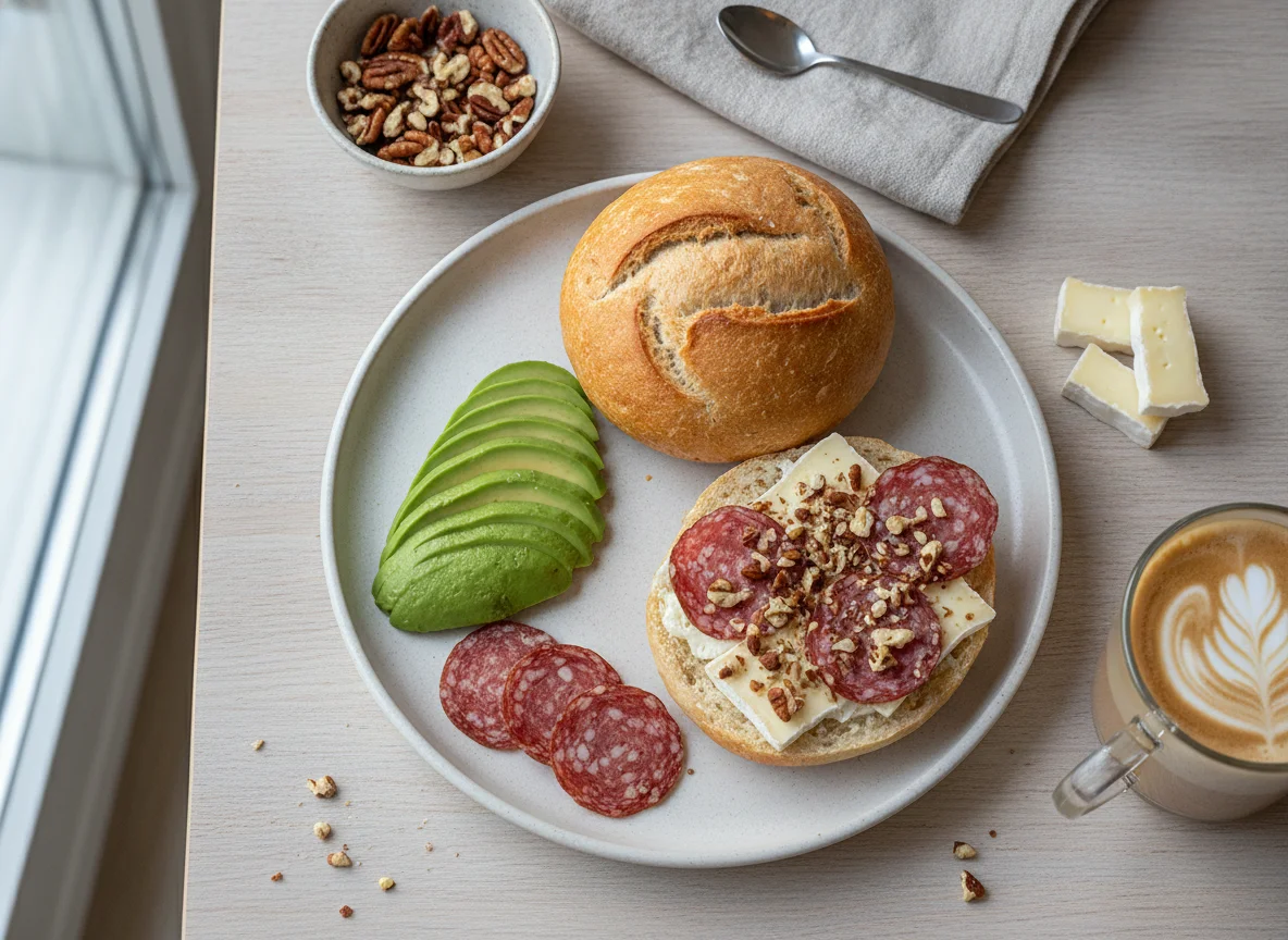Frühstück mit Avocado, Brötchen und Wurst photo