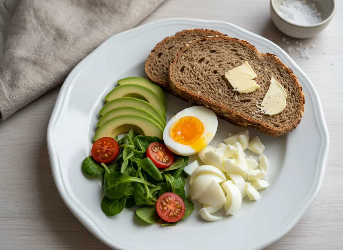 Frühstück mit Avocado, Ei und Brot photo